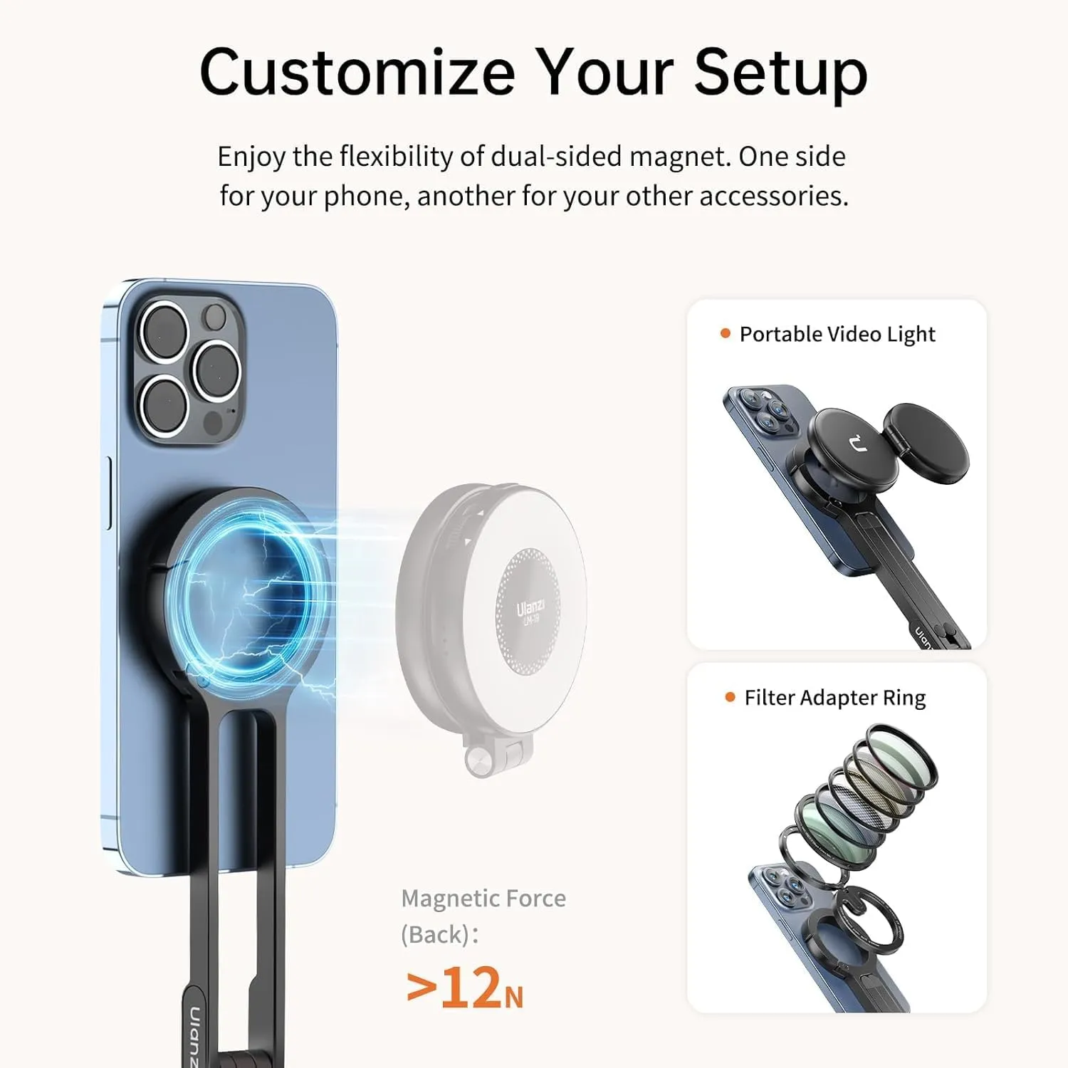ULANZI MA30 Magnetic Phone Tripod Stand for iPhone - Aluminium Maglock Smartphone Mini Tripod Pocket Cell Phone Stand Dual-Sided Magnet Quick Mount Compatible with iPhone 16 15 14 13 12 Magsafe, Black