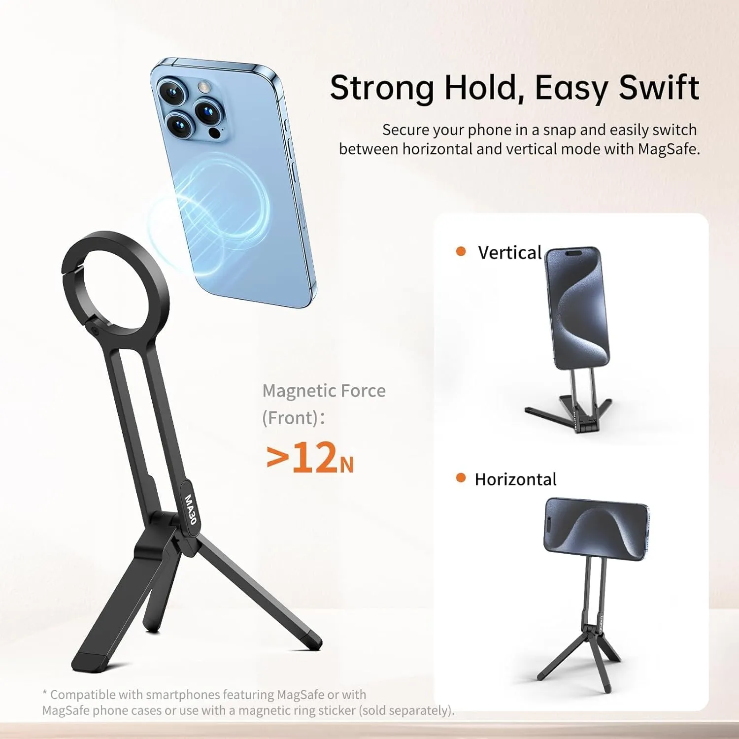 ULANZI MA30 Magnetic Phone Tripod Stand for iPhone - Aluminium Maglock Smartphone Mini Tripod Pocket Cell Phone Stand Dual-Sided Magnet Quick Mount Compatible with iPhone 16 15 14 13 12 Magsafe, Black