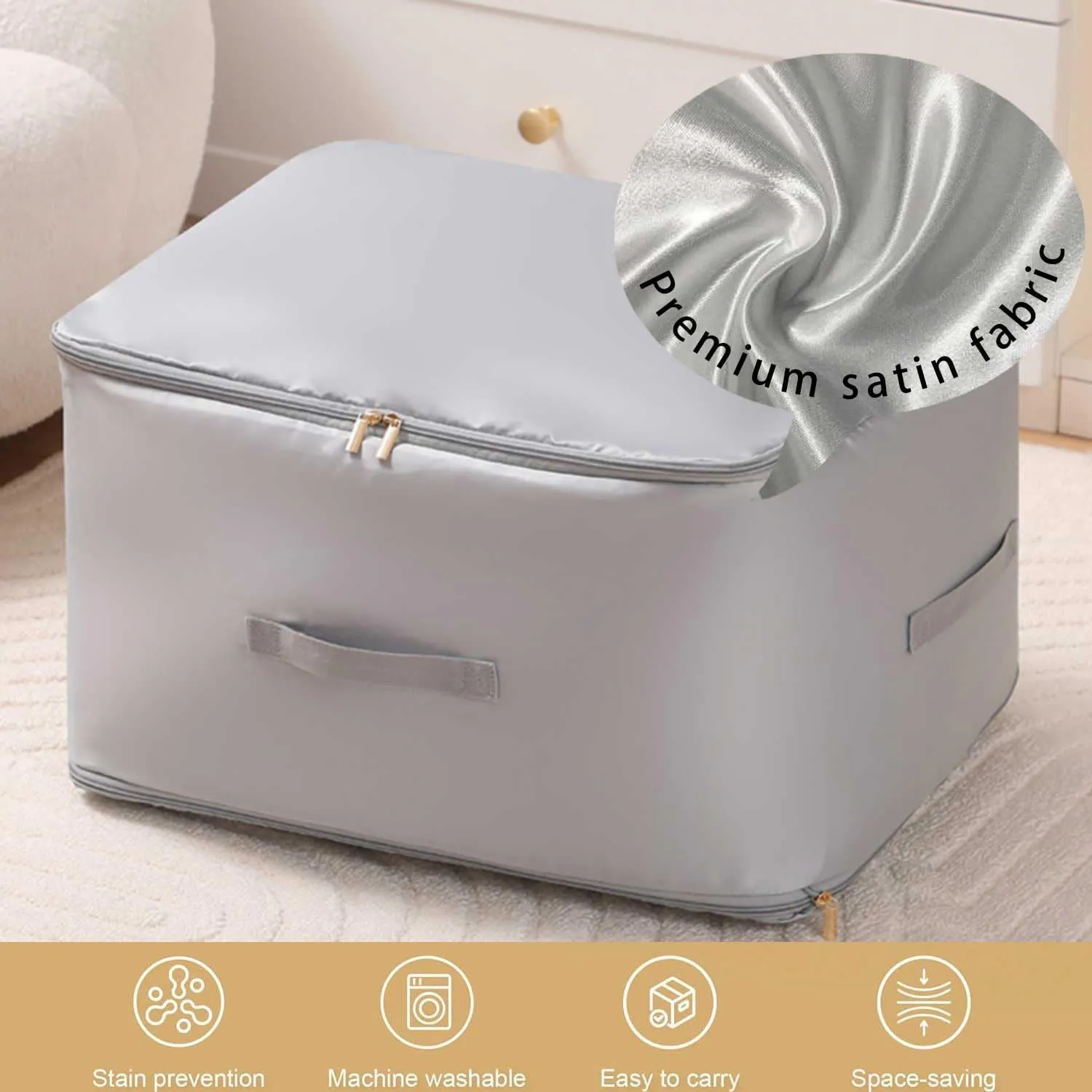 Ultra Space Saving Self Compression Organizer, 2025 New 3-Layer Zipper Large Capacity Storage Bag, Thick Satin Fabric Heavy Duty Bags for Comforters Blankets Bedding Duvet (Gray, X-Large, 21x17x24in)
