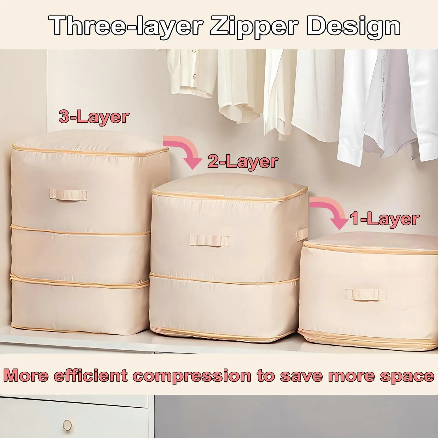 Ultra Space Saving Self Compression Organizer, 2025 New 3-Layer Zipper Large Capacity Storage Bag, Thick Satin Fabric Heavy Duty Bags for Comforters Blankets Bedding Duvet (Gray, X-Large, 21x17x24in)