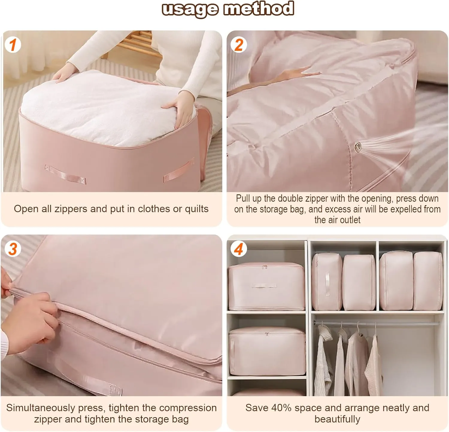 Ultra Space Saving Self Compression Organizer, Portable Space Saver Storage Packing Bags, Blanket Storage, Space Saver Quilt Compression Storage Bag for Comforters, Blankets, Bedding (Pink)