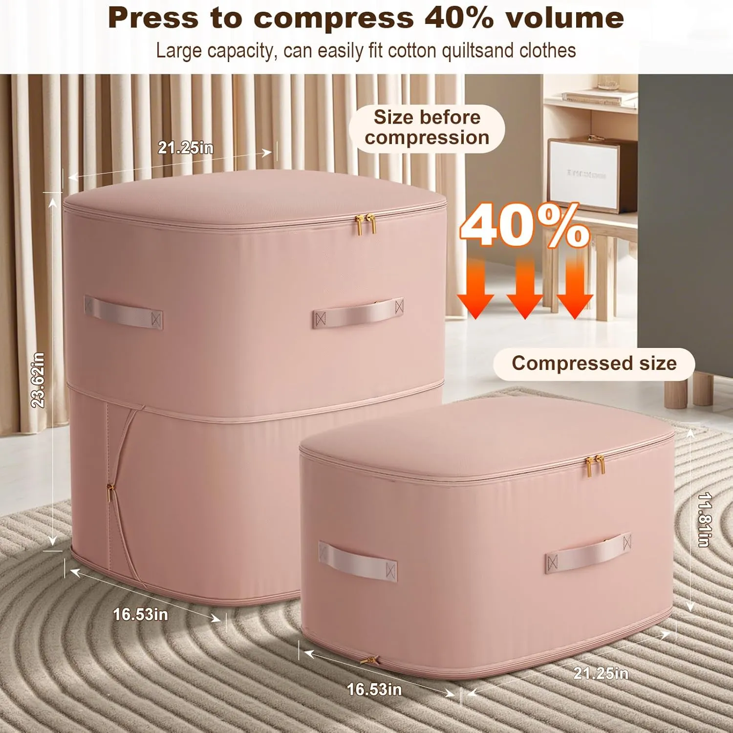 Ultra Space Saving Self Compression Organizer, Portable Space Saver Storage Packing Bags, Blanket Storage, Space Saver Quilt Compression Storage Bag for Comforters, Blankets, Bedding (Pink)