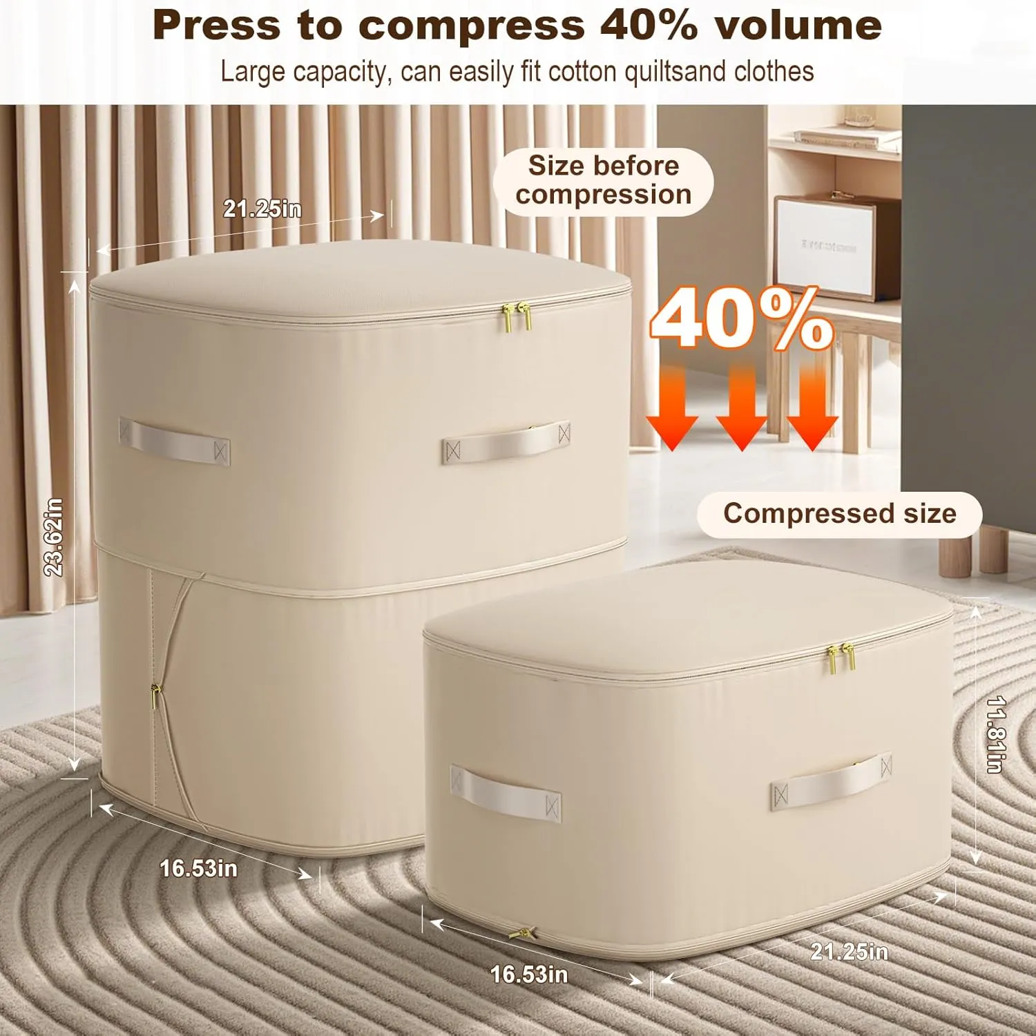 Ultra Space Saving Self Compression Organizer, Portable Space Saver Storage Packing Bags, Quilt Compression Storage Bag for Comforters, Blankets, Bedding (Beige)