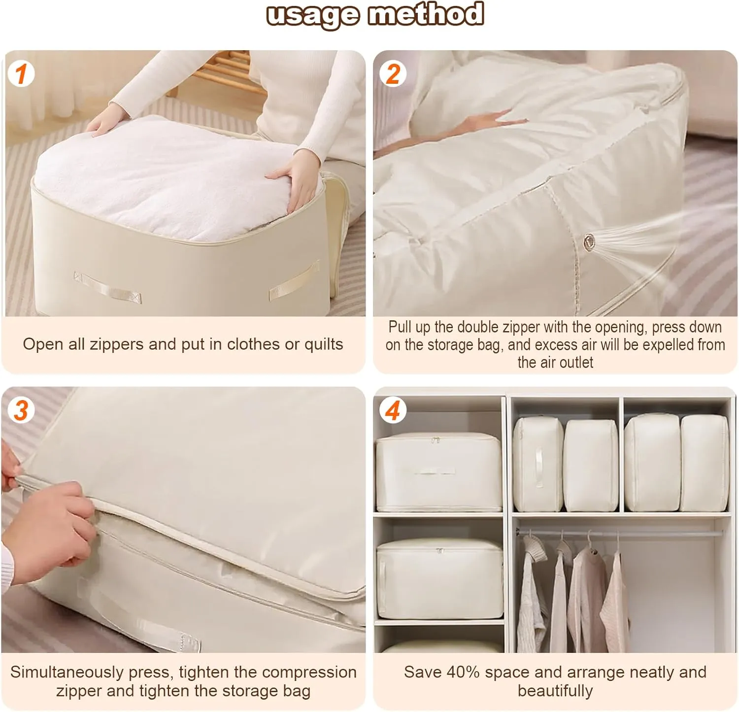 Ultra Space Saving Self Compression Organizer, Portable Space Saver Storage Packing Bags, Quilt Compression Storage Bag for Comforters, Blankets, Bedding (Beige)