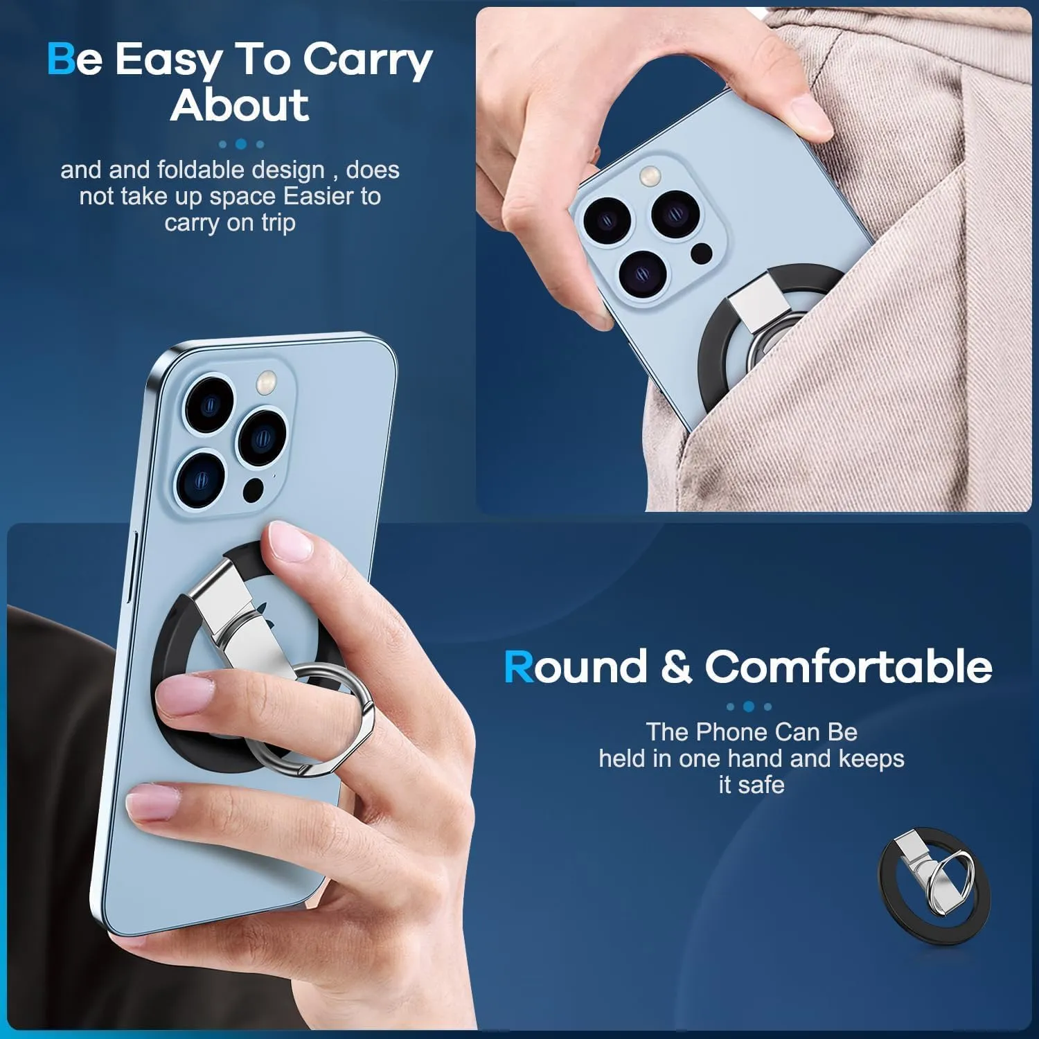 Ultra Thin Magnetic Iron Ring Phone Holder 360 Rotatable Finger Loop Grip, Easy Attach Detach, Adjustable Kickstand, Universally Compatible with iPhone Mini, Pro, Max Models, Sleek Durable, Black