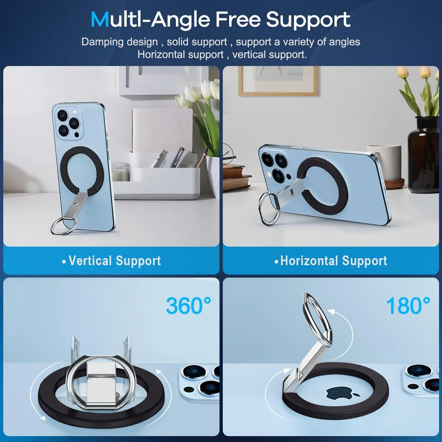 Ultra Thin Magnetic Iron Ring Phone Holder 360 Rotatable Finger Loop Grip, Easy Attach Detach, Adjustable Kickstand, Universally Compatible with iPhone Mini, Pro, Max Models, Sleek Durable, Black