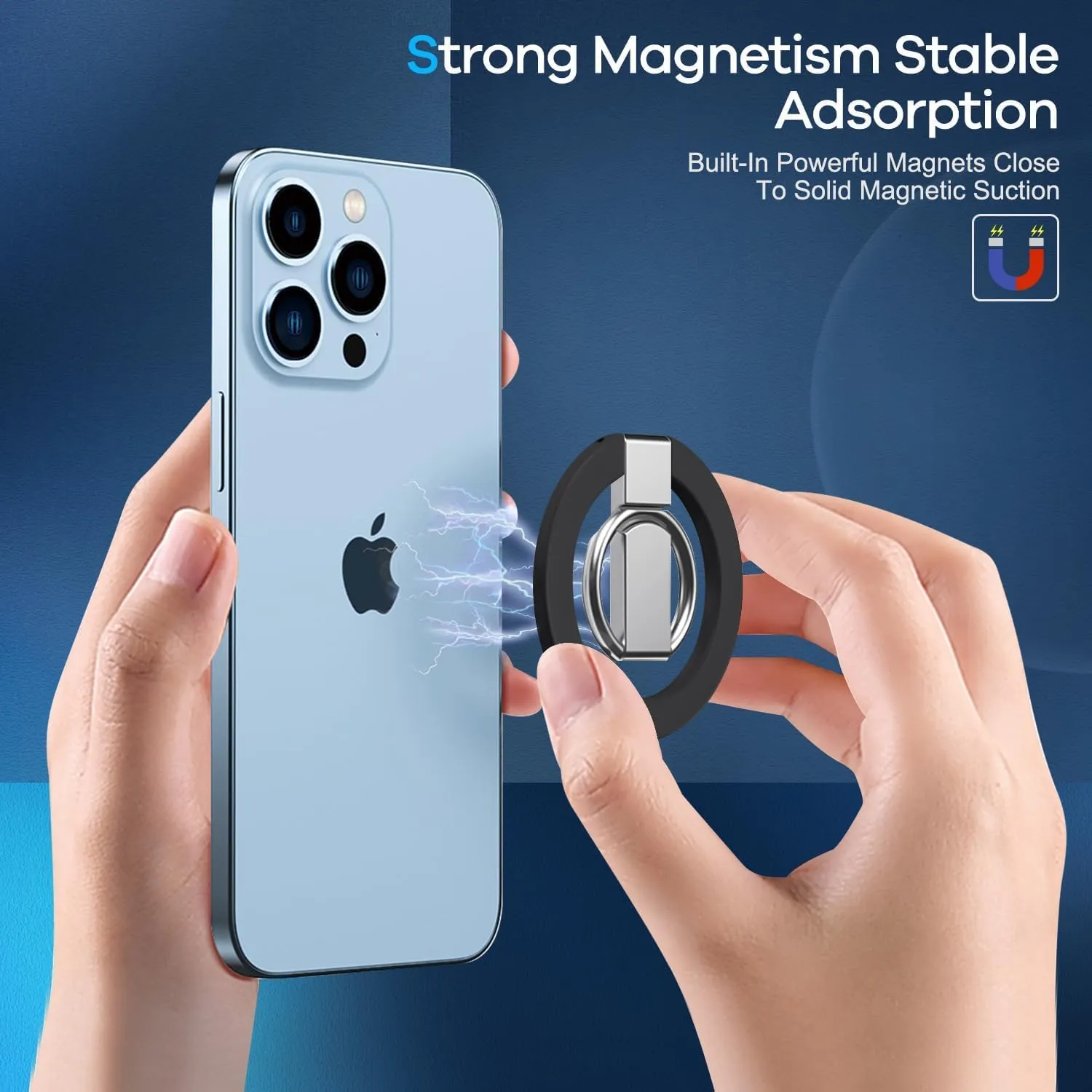 Ultra Thin Magnetic Iron Ring Phone Holder 360 Rotatable Finger Loop Grip, Easy Attach Detach, Adjustable Kickstand, Universally Compatible with iPhone Mini, Pro, Max Models, Sleek Durable, Black