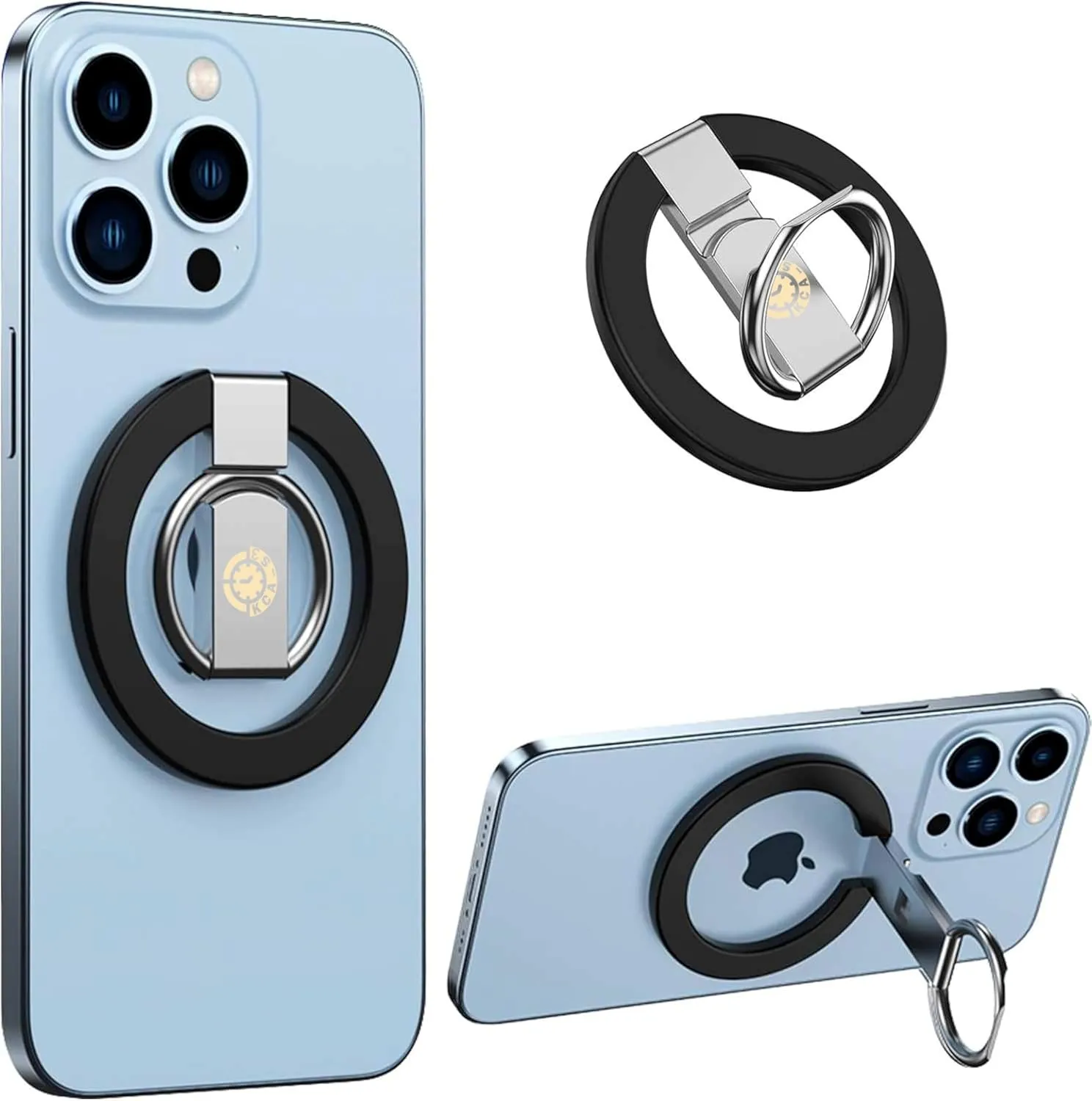 Ultra Thin Magnetic Iron Ring Phone Holder 360 Rotatable Finger Loop Grip, Easy Attach Detach, Adjustable Kickstand, Universally Compatible with iPhone Mini, Pro, Max Models, Sleek Durable, Black