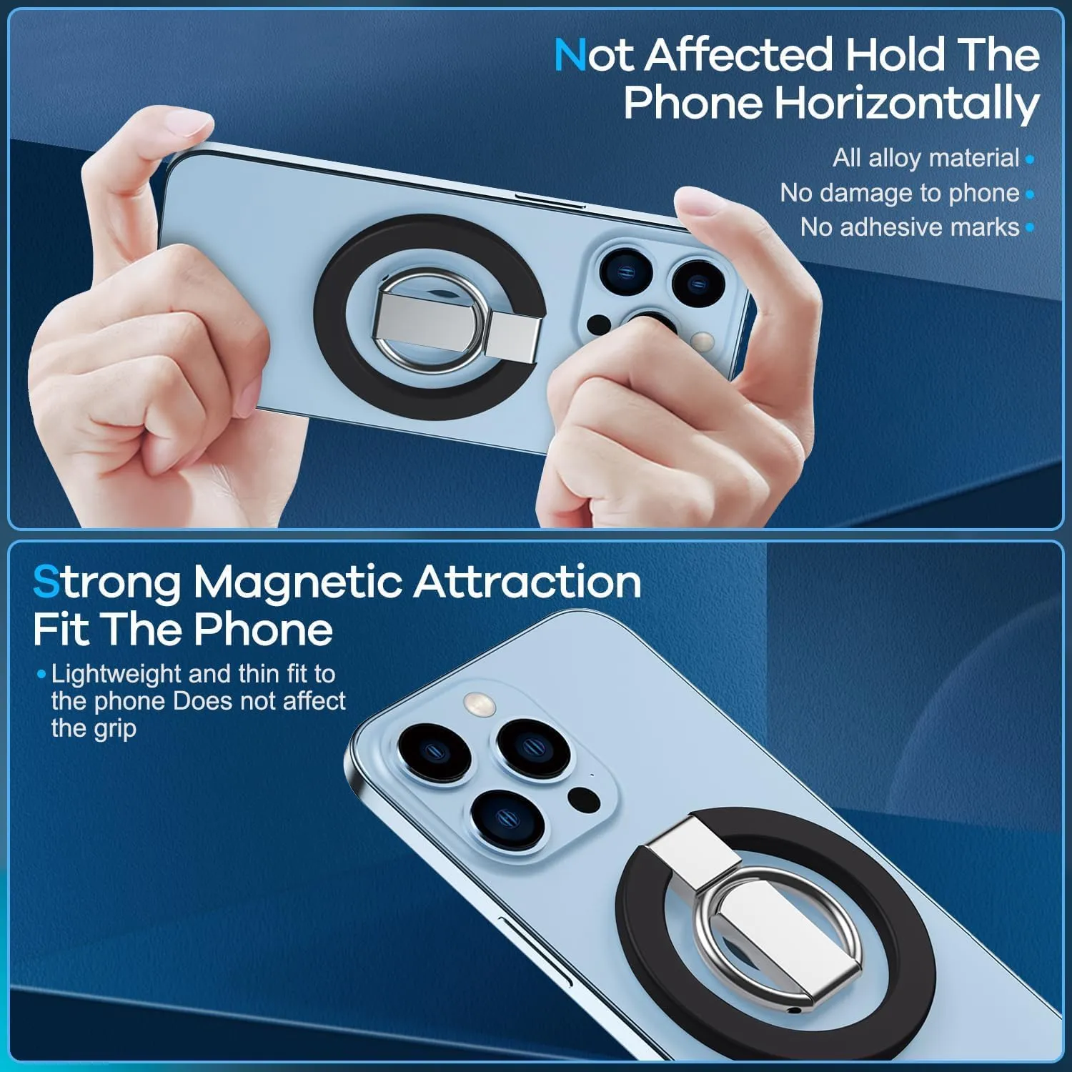 Ultra Thin Magnetic Iron Ring Phone Holder 360 Rotatable Finger Loop Grip, Easy Attach Detach, Adjustable Kickstand, Universally Compatible with iPhone Mini, Pro, Max Models, Sleek Durable, Black