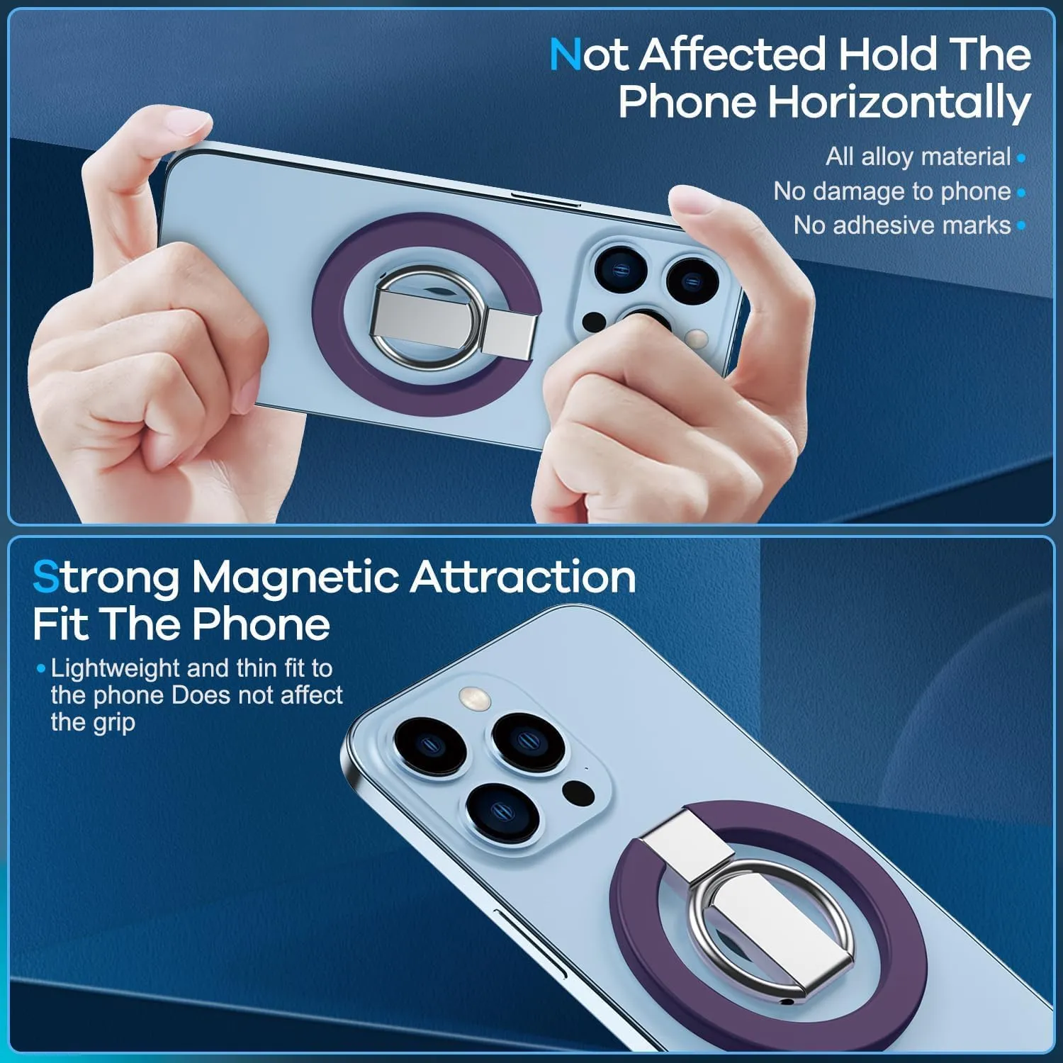 Ultra Thin Magnetic Iron Ring Phone Holder 360 Rotatable Finger Loop Grip, Easy Attach Detach, Adjustable Kickstand, Universally Compatible with iPhone Mini, Pro, Max Models, Sleek Durable, Purple