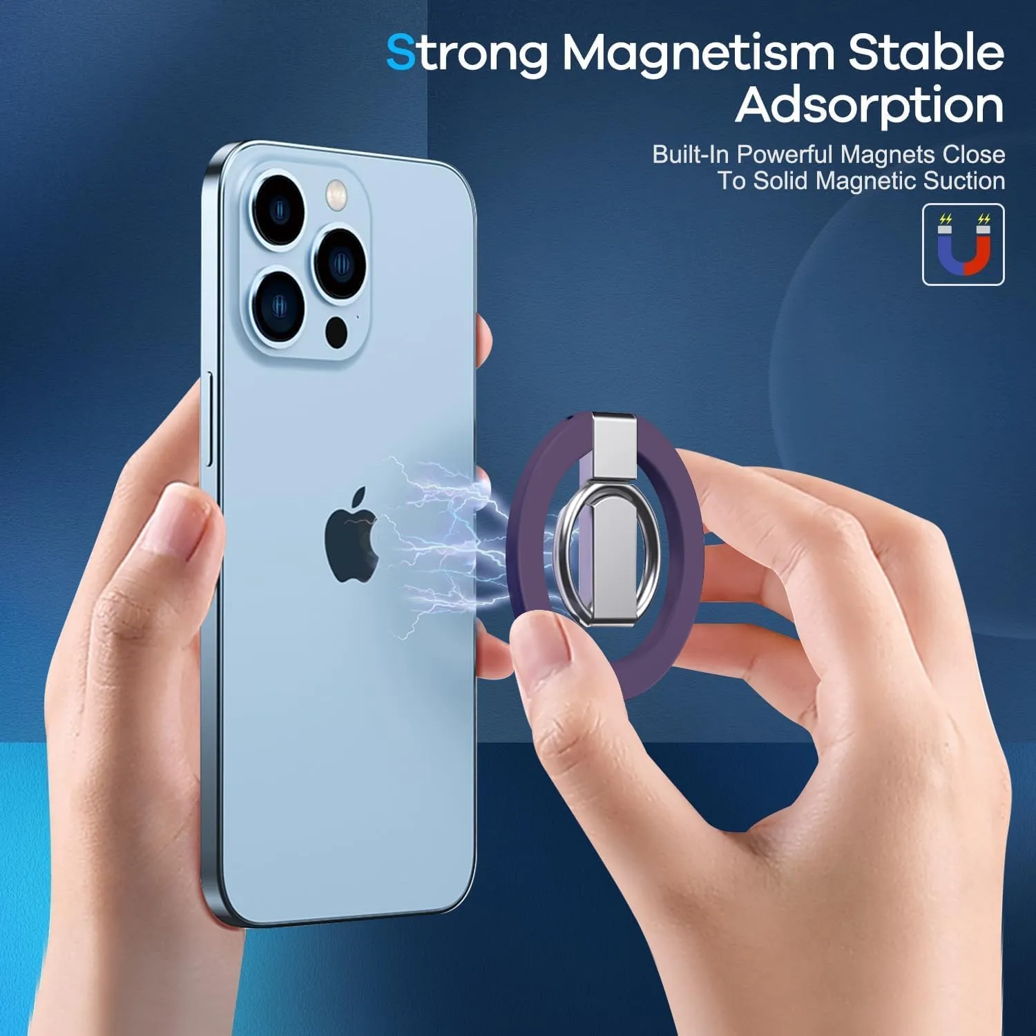 Ultra Thin Magnetic Iron Ring Phone Holder 360 Rotatable Finger Loop Grip, Easy Attach Detach, Adjustable Kickstand, Universally Compatible with iPhone Mini, Pro, Max Models, Sleek Durable, Purple