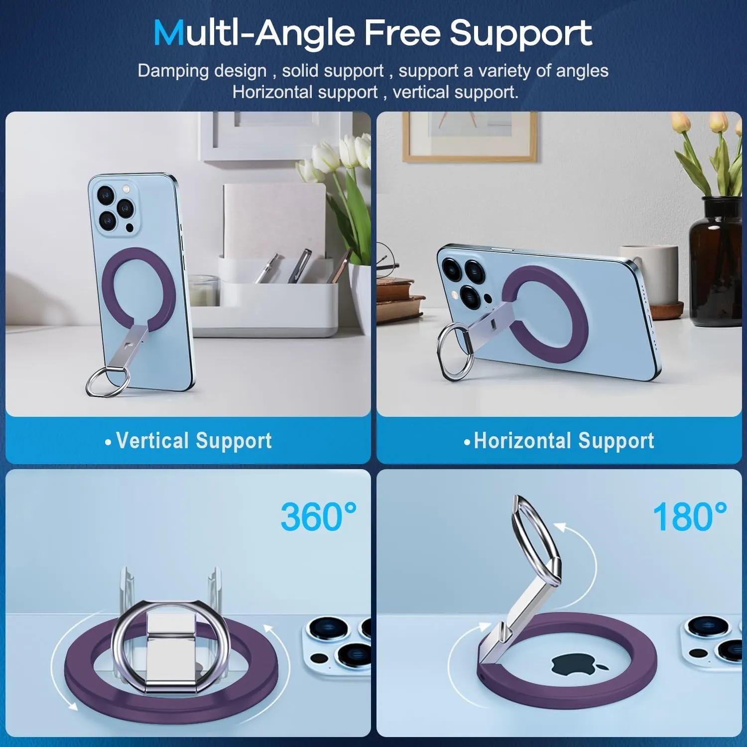 Ultra Thin Magnetic Iron Ring Phone Holder 360 Rotatable Finger Loop Grip, Easy Attach Detach, Adjustable Kickstand, Universally Compatible with iPhone Mini, Pro, Max Models, Sleek Durable, Purple