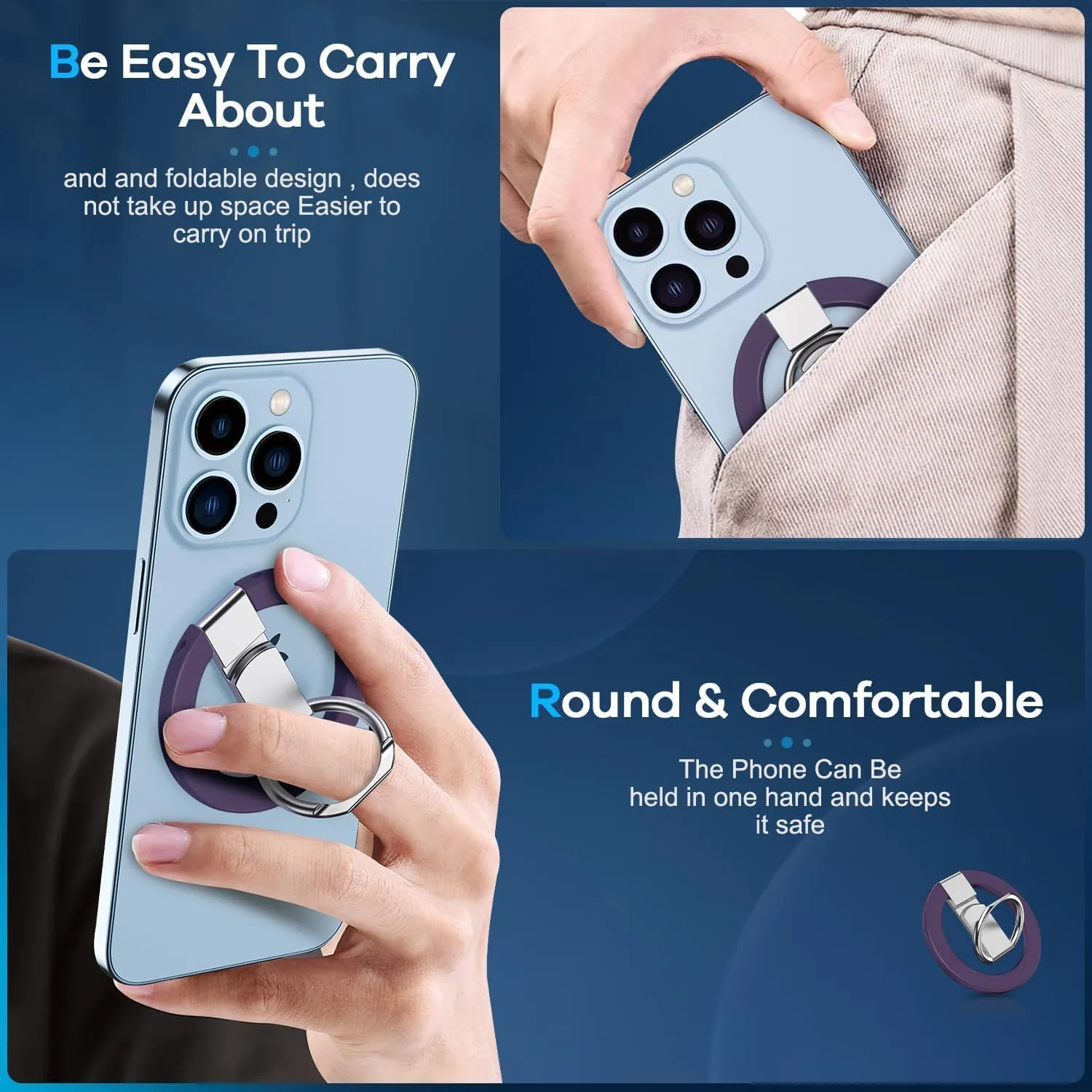 Ultra Thin Magnetic Iron Ring Phone Holder 360 Rotatable Finger Loop Grip, Easy Attach Detach, Adjustable Kickstand, Universally Compatible with iPhone Mini, Pro, Max Models, Sleek Durable, Purple