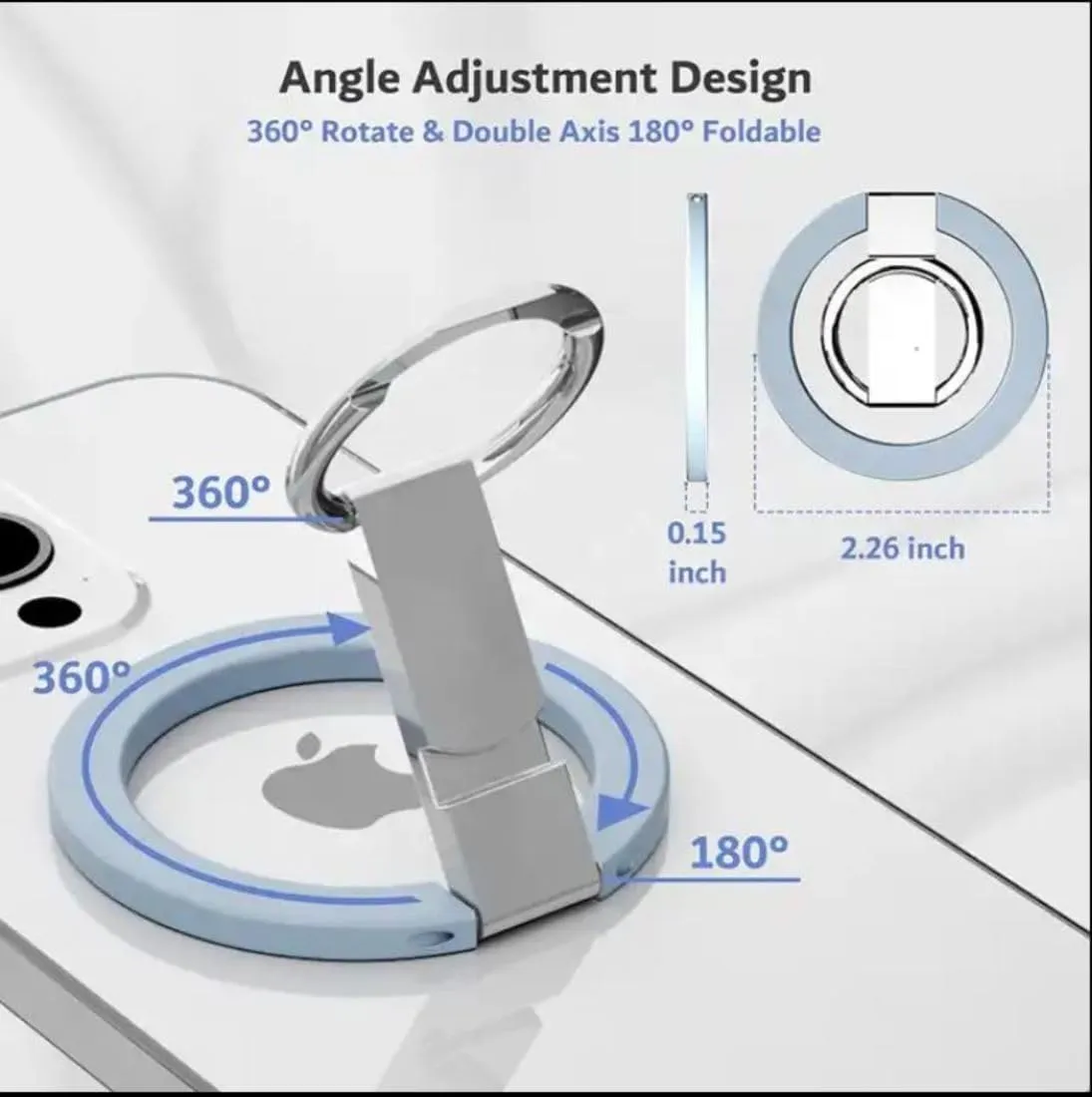 Ultra Thin Magnetic Iron Ring Phone Holder 360 Rotatable Finger Loop Grip, Easy Attach Detach, Adjustable Kickstand, Universally Compatible with iPhone Mini, Pro, Max Models, Sleek Durable, White