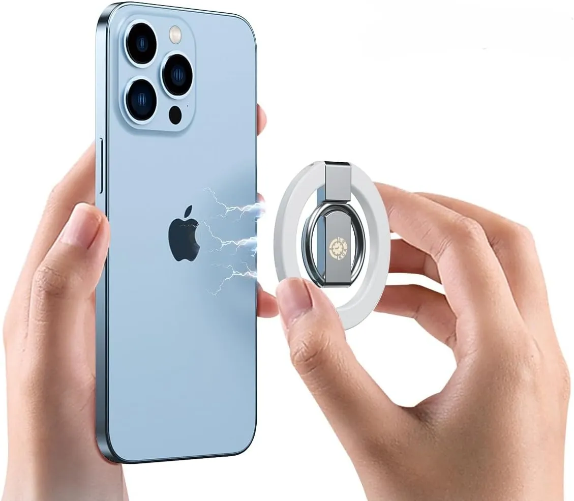 Ultra Thin Magnetic Iron Ring Phone Holder 360 Rotatable Finger Loop Grip, Easy Attach Detach, Adjustable Kickstand, Universally Compatible with iPhone Mini, Pro, Max Models, Sleek Durable, White