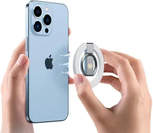Ultra Thin Magnetic Iron Ring Phone Holder 360 Rotatable Finger Loop Grip, Easy Attach Detach, Adjustable Kickstand, Universally Compatible with iPhone Mini, Pro, Max Models, Sleek Durable, White