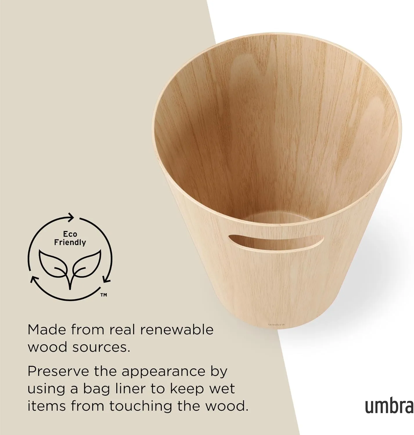 Umbra Woodrow, 2 Gallon Modern Wooden Trash Can Wastebasket or Recycling Bin for Home or Office, Natural