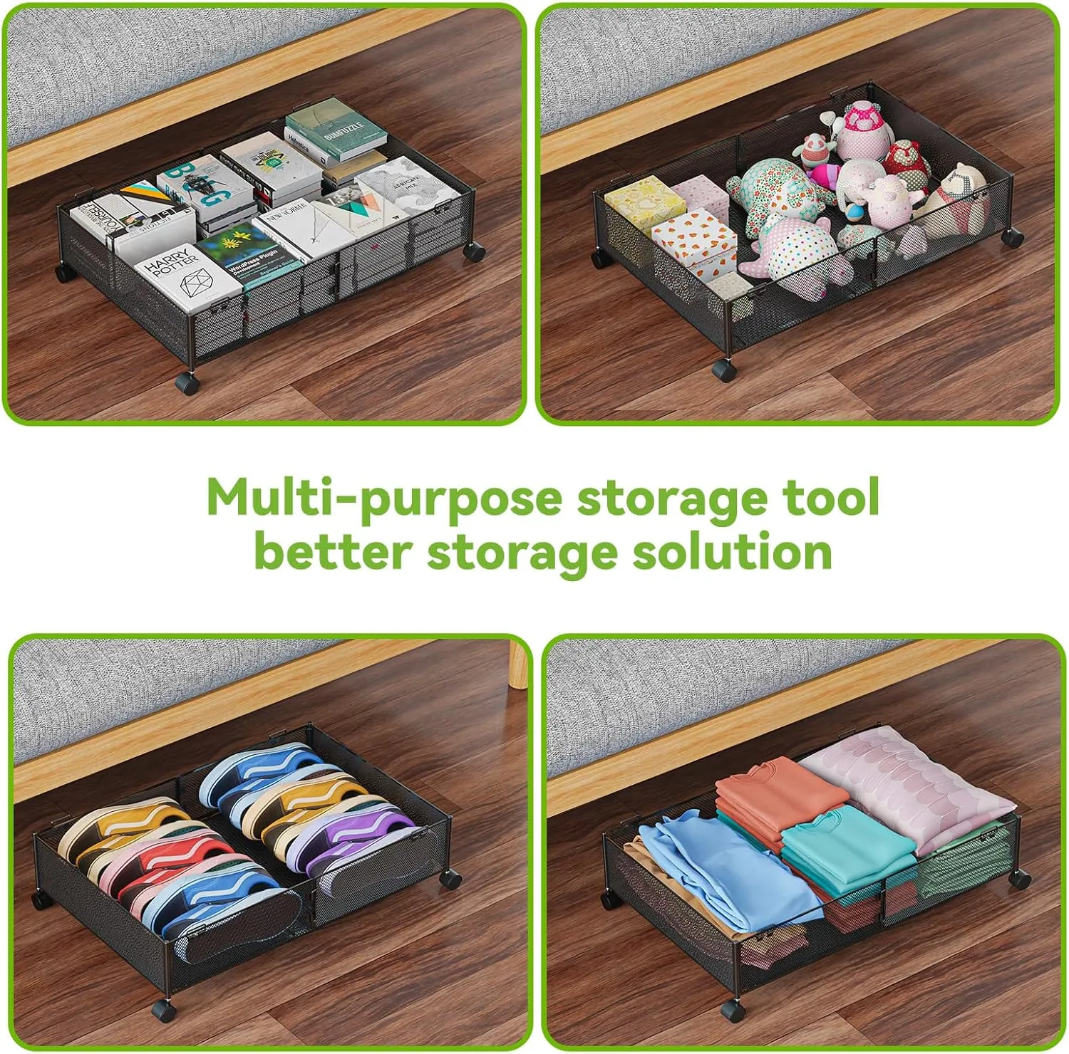 Under Bed Storage with Wheels Containers Shoe Storage Organizer Drawer, Metal Foldable Under Bed Drawers on Wheels for Shoes, Clothes, Toys, Blankets (2 Pack)