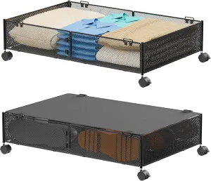 Under Bed Storage with Wheels Containers Shoe Storage Organizer Drawer, Metal Foldable Under Bed Drawers on Wheels for Shoes, Clothes, Toys, Blankets (2 Pack)