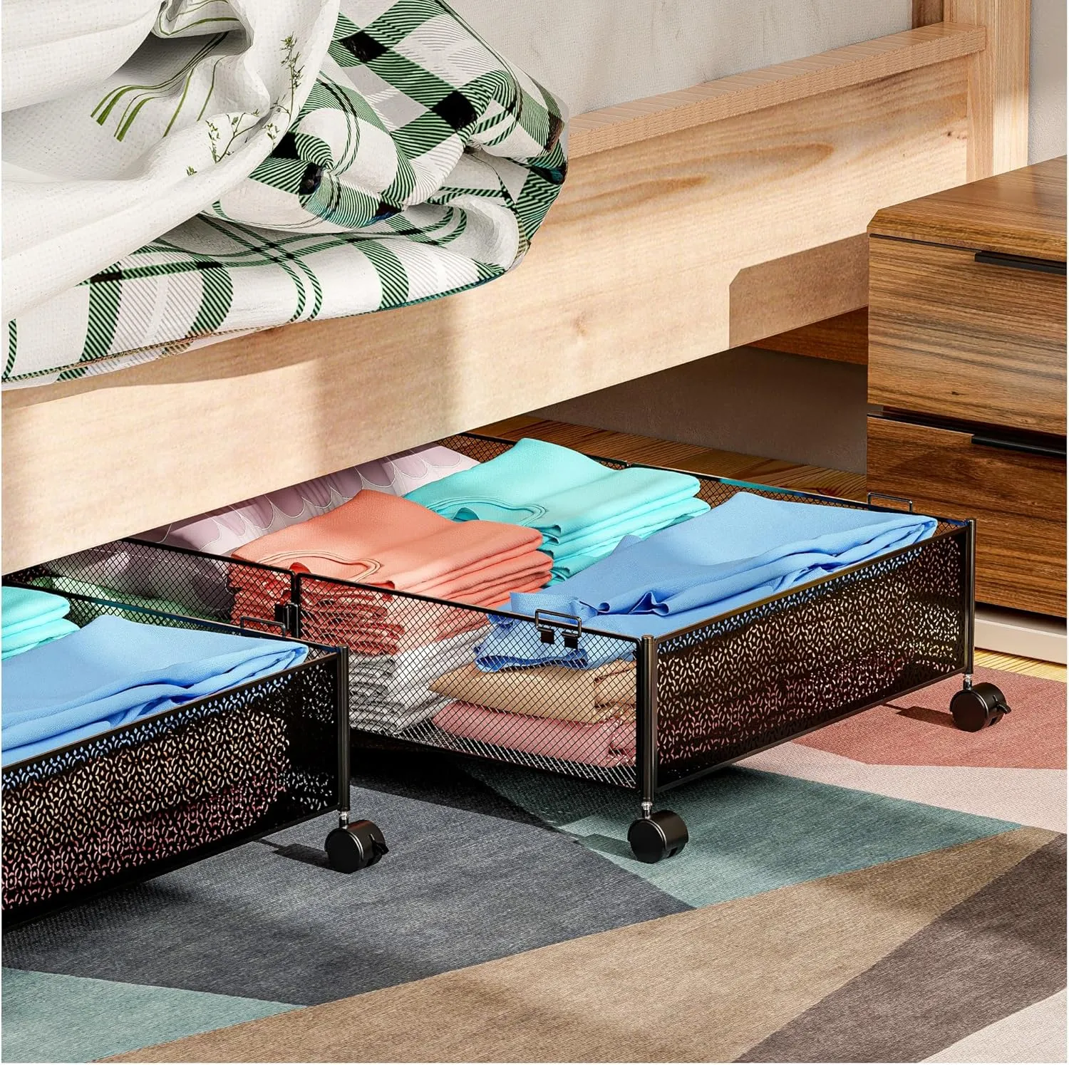 Under Bed Storage with Wheels Containers Shoe Storage Organizer Drawer, Metal Foldable Under Bed Drawers on Wheels for Shoes, Clothes, Toys, Blankets (2 Pack)