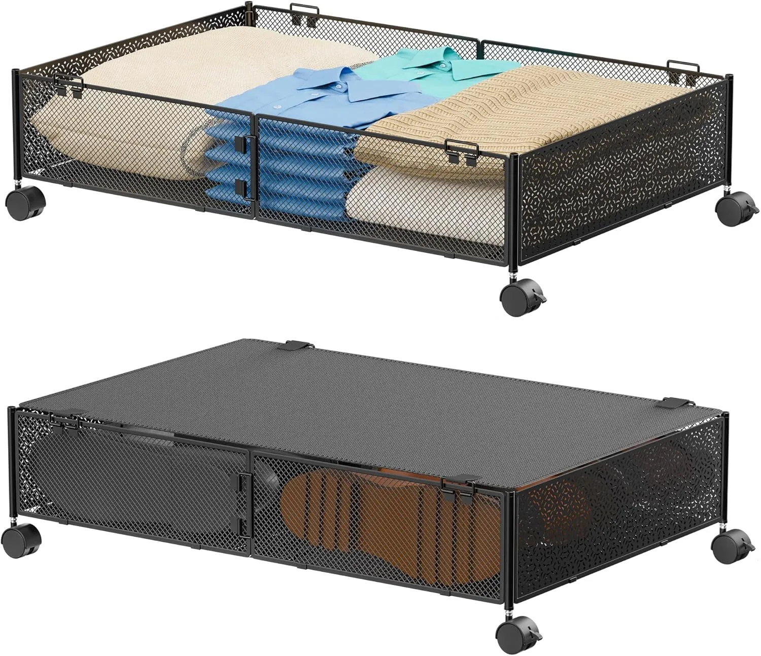 Under Bed Storage with Wheels Containers Shoe Storage Organizer Drawer, Metal Foldable Under Bed Drawers on Wheels for Shoes, Clothes, Toys, Blankets (2 Pack)