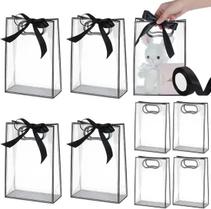 UNICRAFTALE 15 Pcs Clear Black Plastic Gift Bag 26cm Rectangle Transparent Folding Plastic Gift Bags with Hole Handles Reusable Favor Bag for Boutique Birthday Wedding Party Favor Halloween Christmas