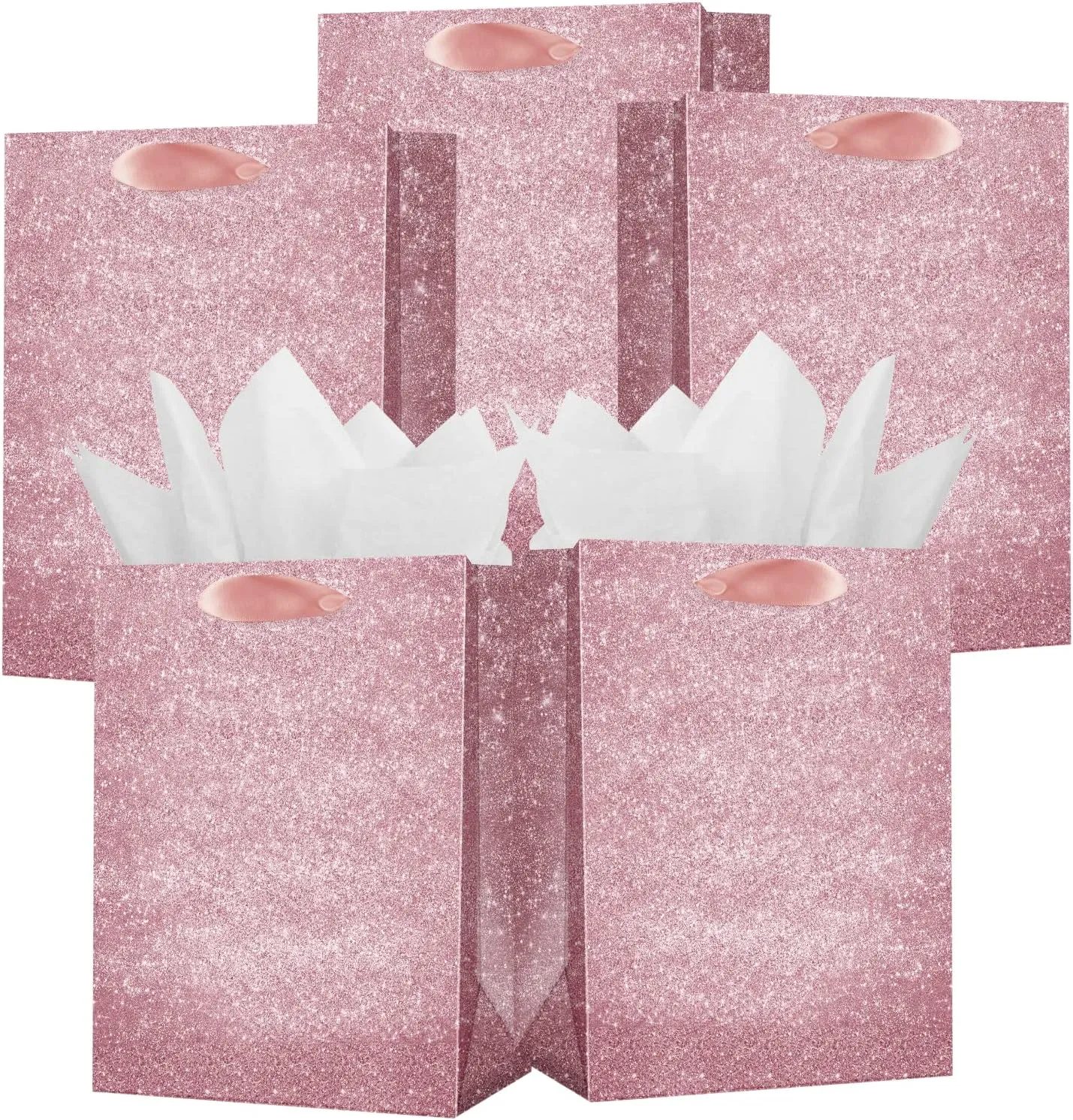 UNIQOOO 12Pcs Embossed Pink Glitter Gift Bags with 24 Tissue Paper Bulk, M 9x7 In, Rose Gold Gift Wrap Bags, Wedding Bridal Favor Bag Gift Packaging, For Christmas, Baby Shower Birthday Holiday Party