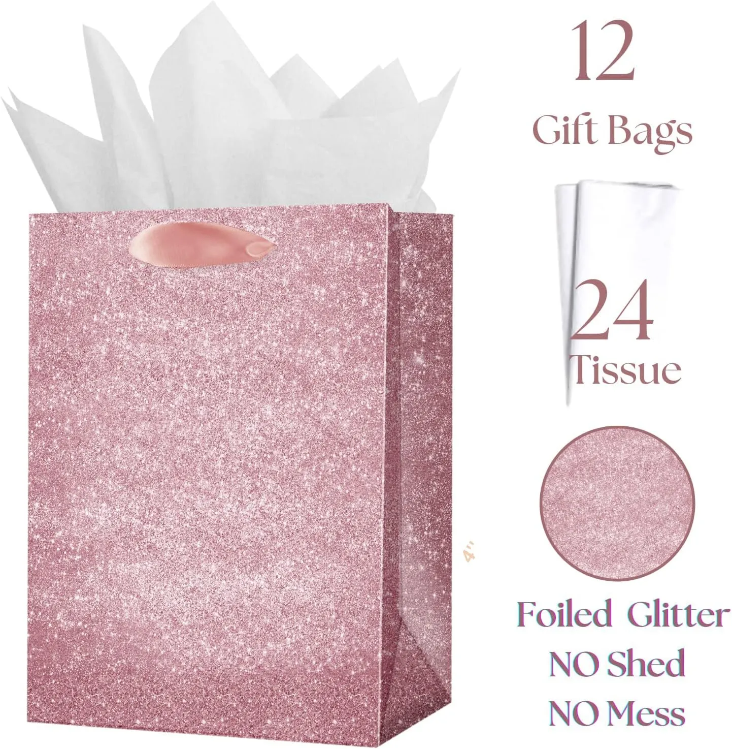 UNIQOOO 12Pcs Embossed Pink Glitter Gift Bags with 24 Tissue Paper Bulk, M 9x7 In, Rose Gold Gift Wrap Bags, Wedding Bridal Favor Bag Gift Packaging, For Christmas, Baby Shower Birthday Holiday Party