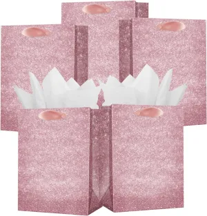 UNIQOOO 12Pcs Embossed Pink Glitter Gift Bags with 24 Tissue Paper Bulk, M 9x7 In, Rose Gold Gift Wrap Bags, Wedding Bridal Favor Bag Gift Packaging, For Christmas, Baby Shower Birthday Holiday Party