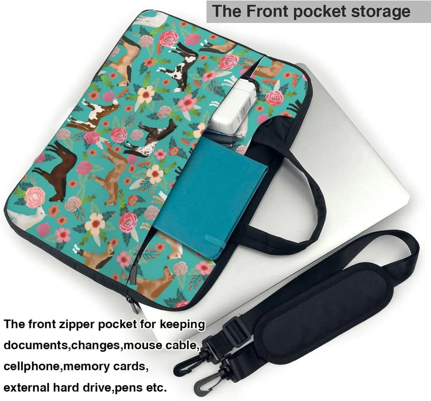 Unisex Adult 13 Inch Horses Floral Green Modern Laptop Bag with Adjustable Strap, Animal Print Pattern, Shockproof Inner Lining, 2 Compartments, 4 Pockets, Briefcase Silhouette