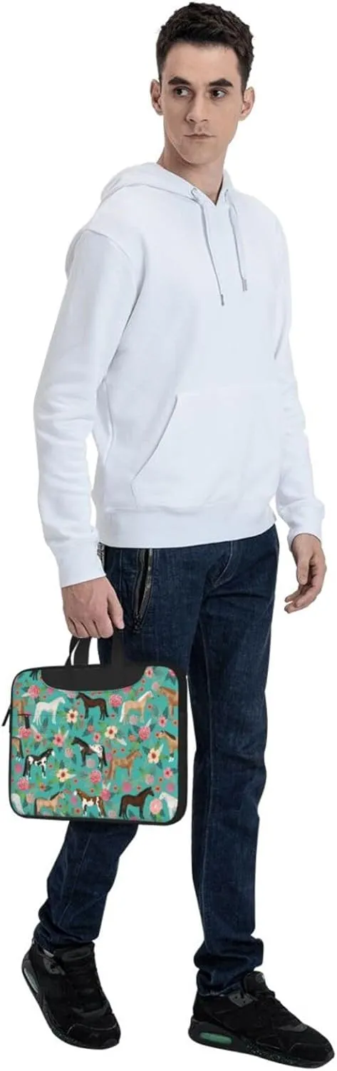 Unisex Adult 13 Inch Horses Floral Green Modern Laptop Bag with Adjustable Strap, Animal Print Pattern, Shockproof Inner Lining, 2 Compartments, 4 Pockets, Briefcase Silhouette