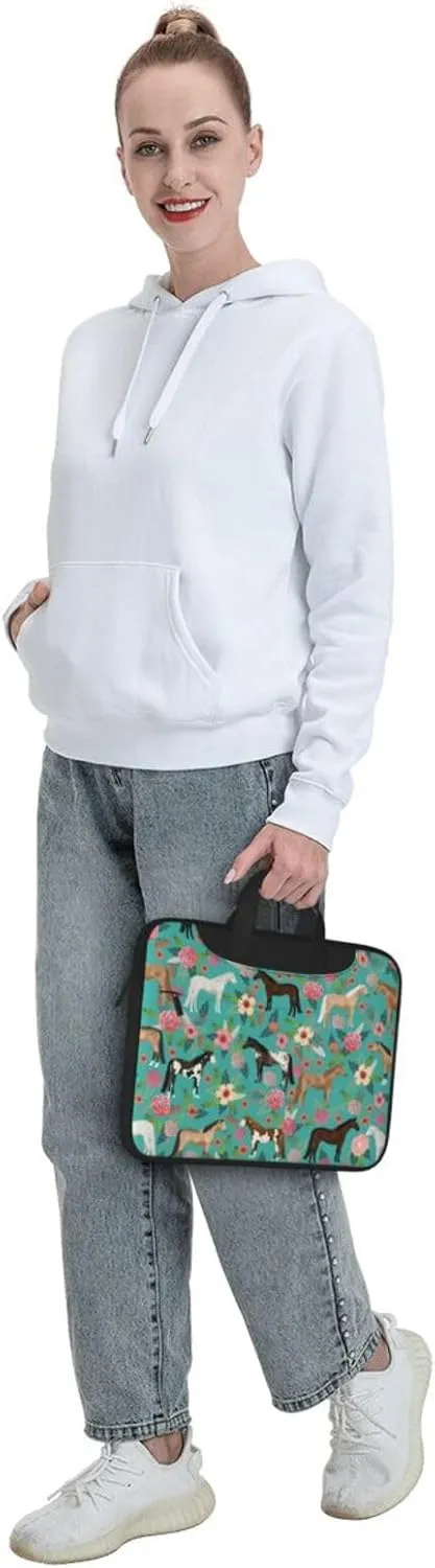 Unisex Adult 13 Inch Horses Floral Green Modern Laptop Bag with Adjustable Strap, Animal Print Pattern, Shockproof Inner Lining, 2 Compartments, 4 Pockets, Briefcase Silhouette