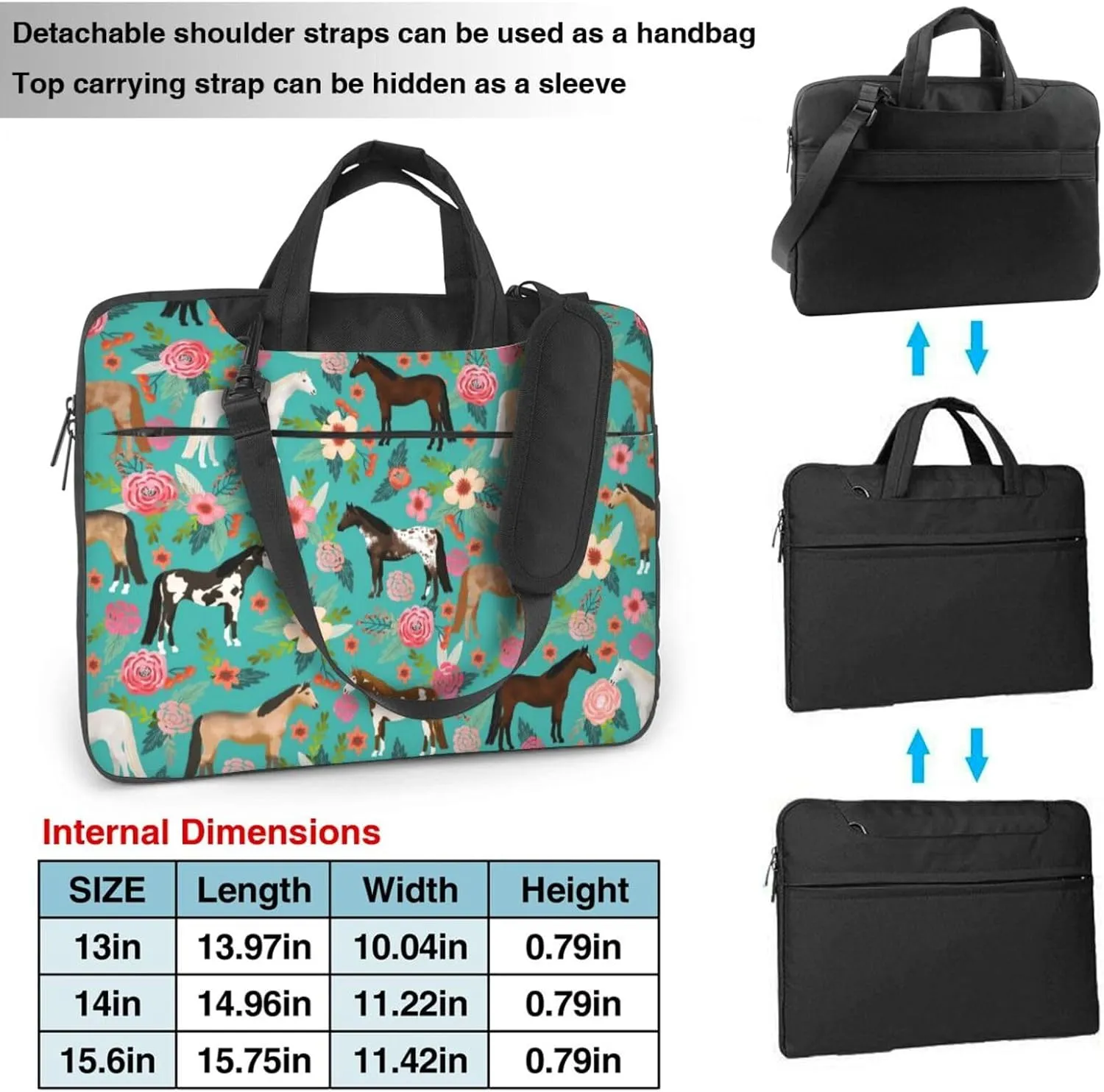 Unisex Adult 13 Inch Horses Floral Green Modern Laptop Bag with Adjustable Strap, Animal Print Pattern, Shockproof Inner Lining, 2 Compartments, 4 Pockets, Briefcase Silhouette