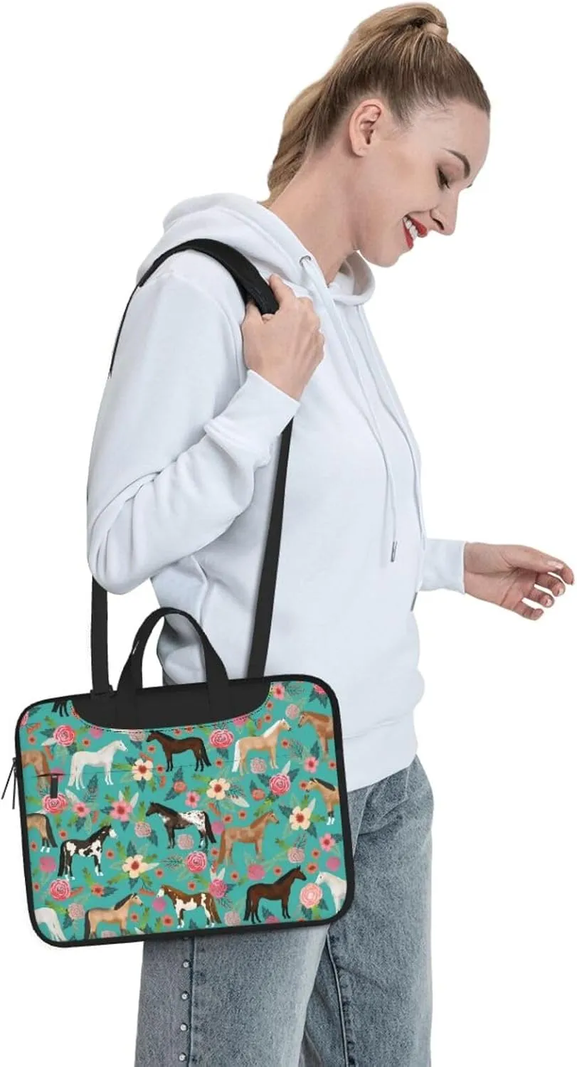 Unisex Adult 13 Inch Horses Floral Green Modern Laptop Bag with Adjustable Strap, Animal Print Pattern, Shockproof Inner Lining, 2 Compartments, 4 Pockets, Briefcase Silhouette