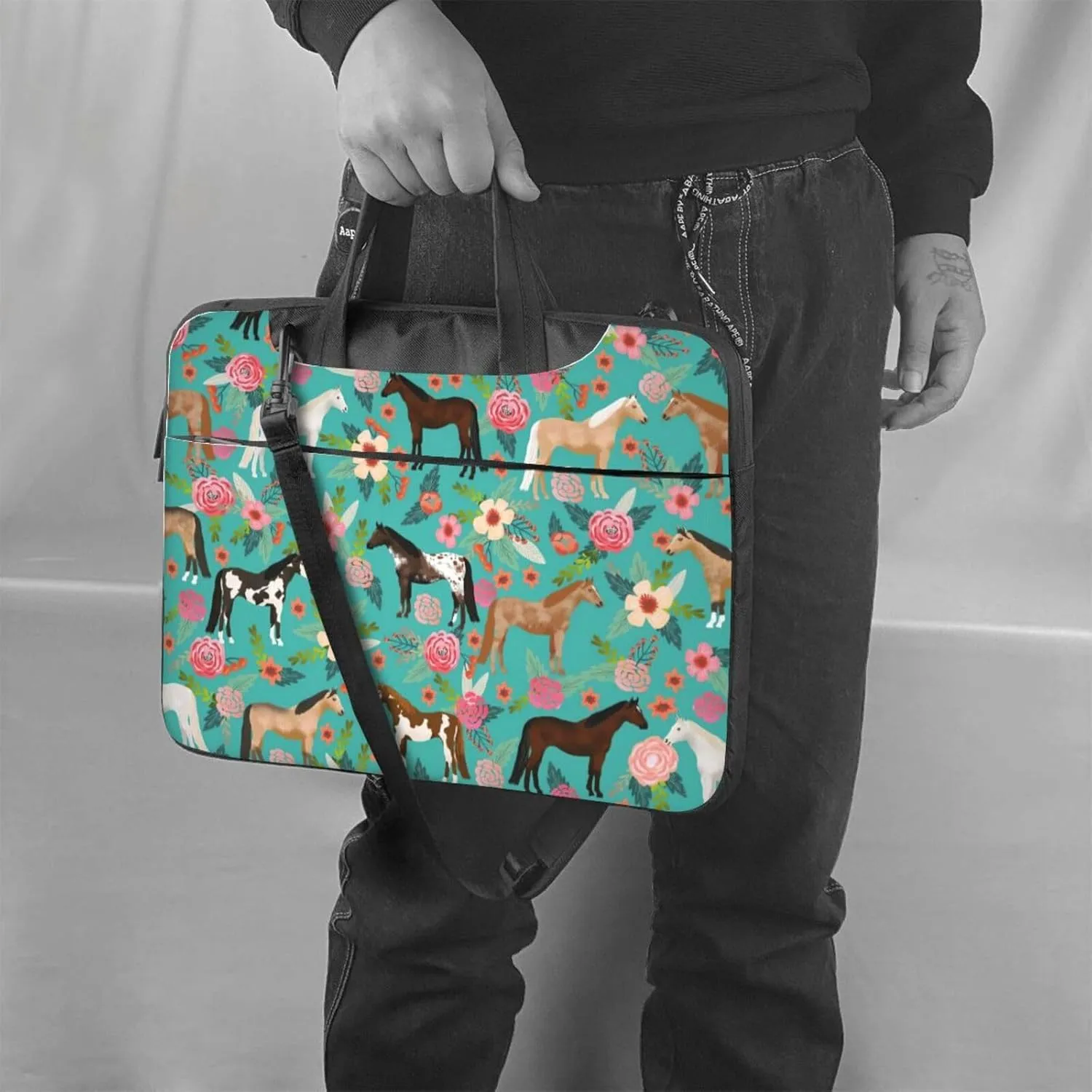 Unisex Adult 13 Inch Horses Floral Green Modern Laptop Bag with Adjustable Strap, Animal Print Pattern, Shockproof Inner Lining, 2 Compartments, 4 Pockets, Briefcase Silhouette