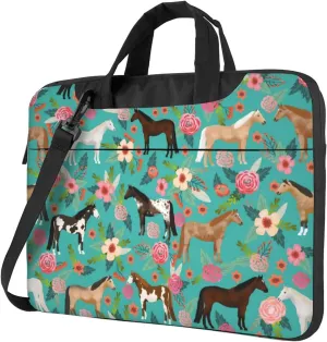 Unisex Adult 13 Inch Horses Floral Green Modern Laptop Bag with Adjustable Strap, Animal Print Pattern, Shockproof Inner Lining, 2 Compartments, 4 Pockets, Briefcase Silhouette