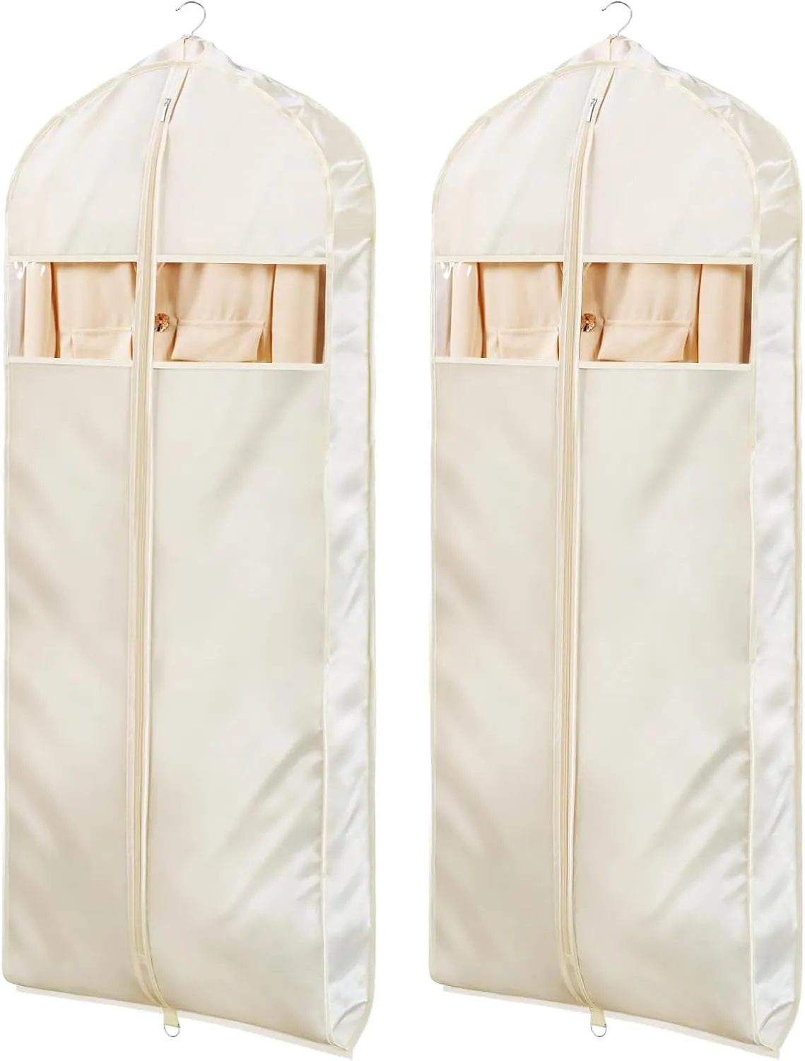 Univivi Super Soft Satin Garment Bags for Hanging Clothes, 60 Inch Zippered Dress Cover with Gussets, Breathable & Non-smell for Dresses, Coats, Jackets, Shirts, 2 Pack - Apricot