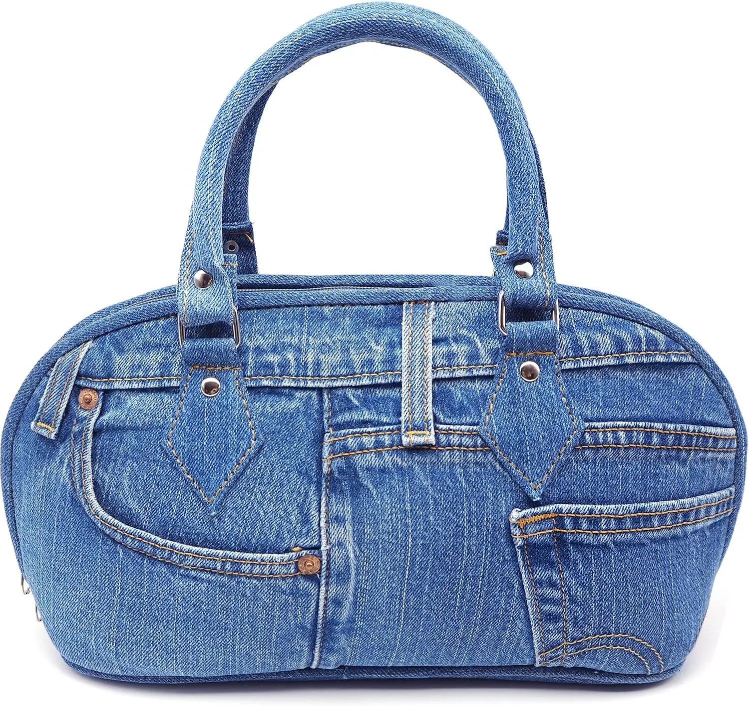 Upcycling Blue Denim Trim Curved Shape Satchel Top Handle Handbag Purse (denim)