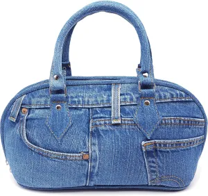 Upcycling Blue Denim Trim Curved Shape Satchel Top Handle Handbag Purse (denim)