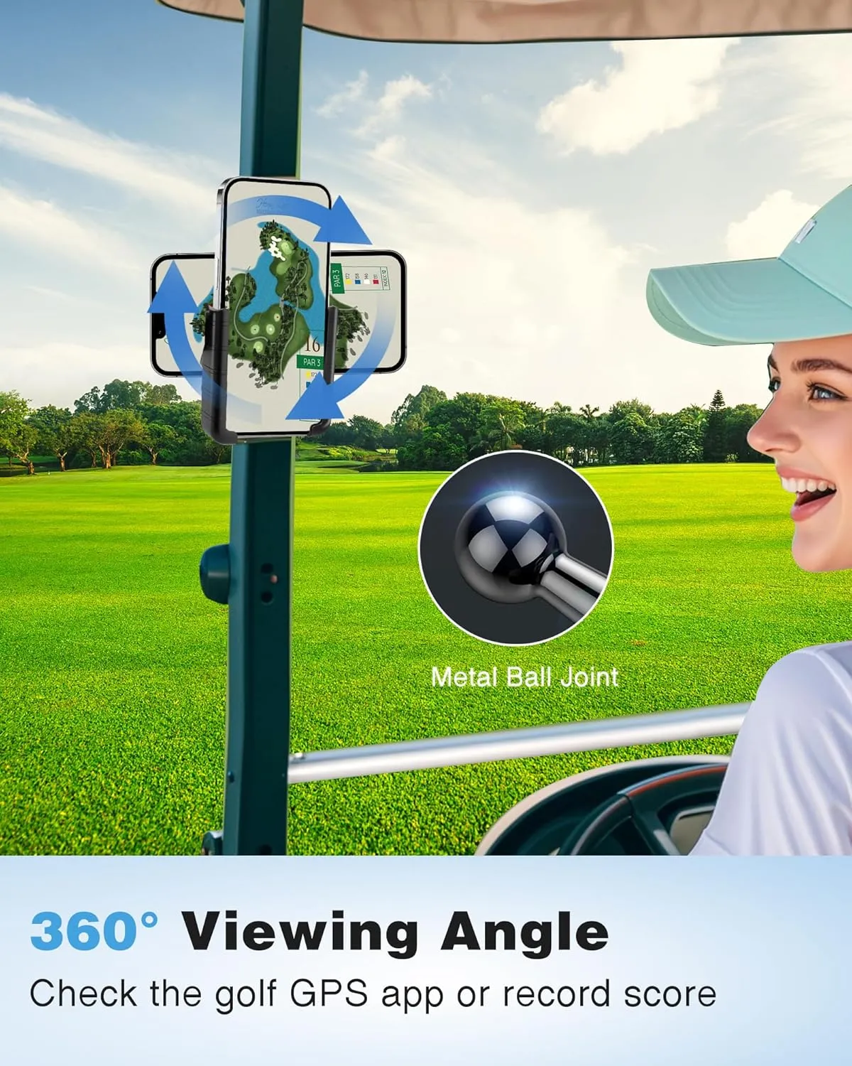Upgraded Golf Cart Phone Mount Holder Compatible with EZGO/Club Car/Yamaha, [Big Phones & Thick Cases Friendly] Universal Phone Holder Compatible with iPhone/Galaxy/Google Pixel, All Smartphones