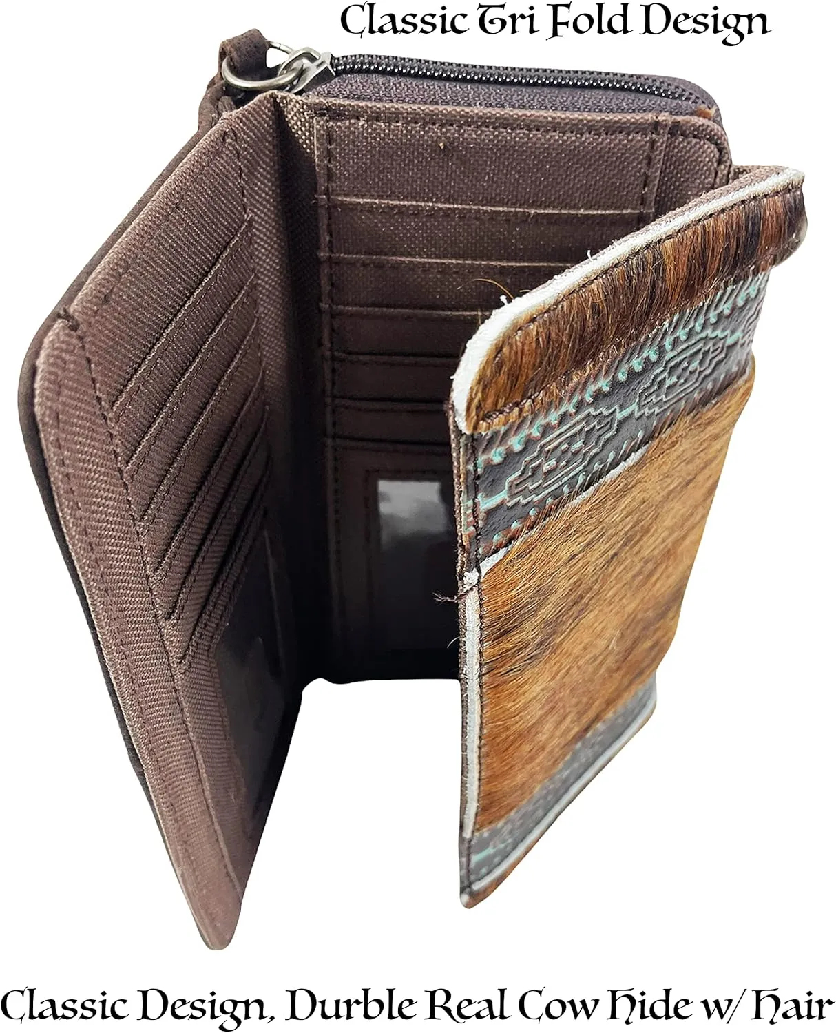 Urbalabs Cowhair Genuine Leather Women Western Wallets Tri Fold and Pouch Clutch Bag Leather Fringe Purse Cell Phone Holder Tooled Wallet For Women Cowgirl Small Clutch Hand Stitched (Medium Brown)