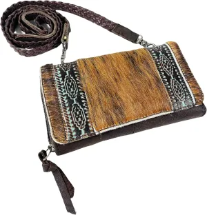 Urbalabs Cowhair Genuine Leather Women Western Wallets Tri Fold and Pouch Clutch Bag Leather Fringe Purse Cell Phone Holder Tooled Wallet For Women Cowgirl Small Clutch Hand Stitched (Medium Brown)