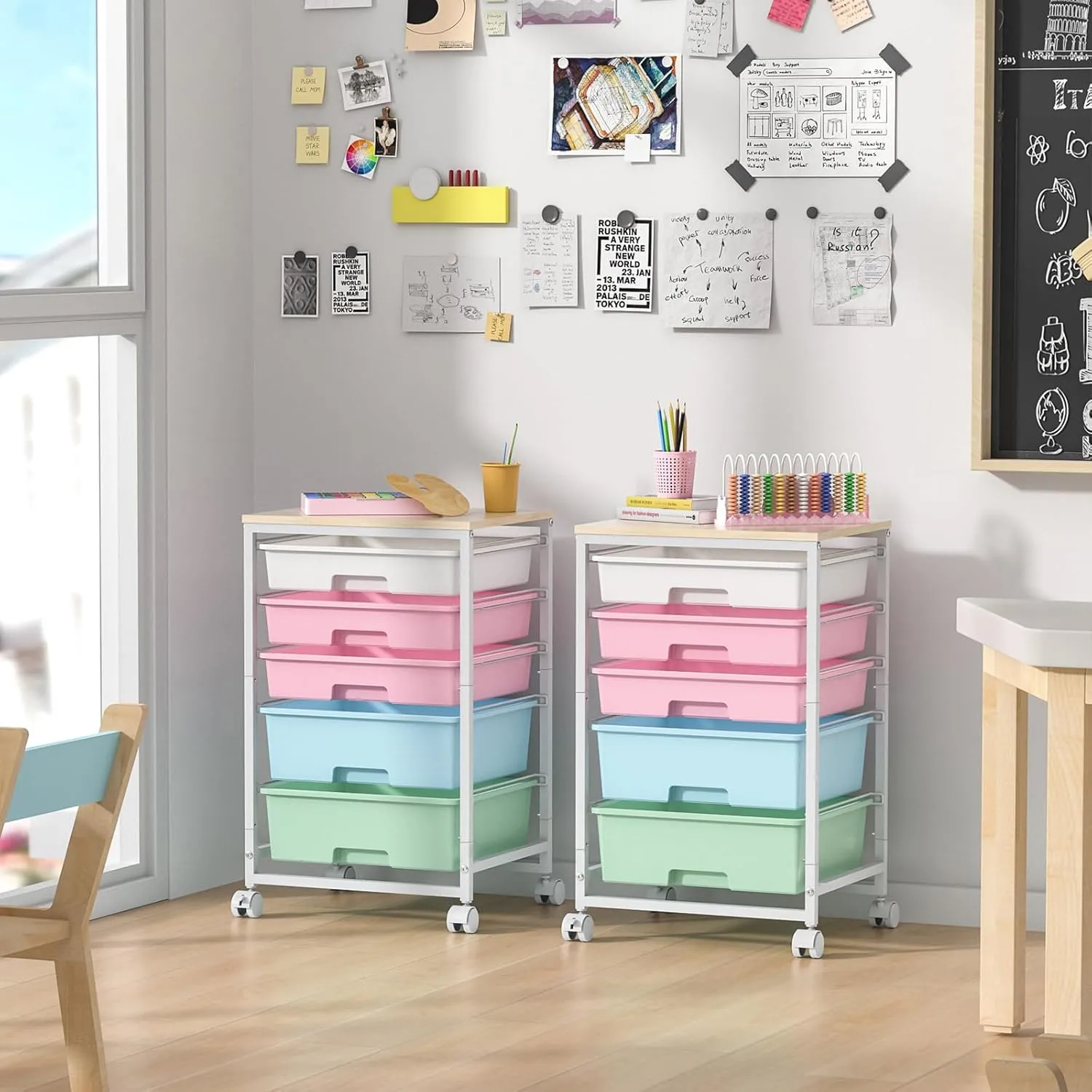 Utility Cart with 5 Drawers,Storage Drawer Cart with Wooden Tabletop and Lockable Wheels,Craft Storage Trolley Cart,5-Tier Rolling Utility Cart on Wheels,Rainbow