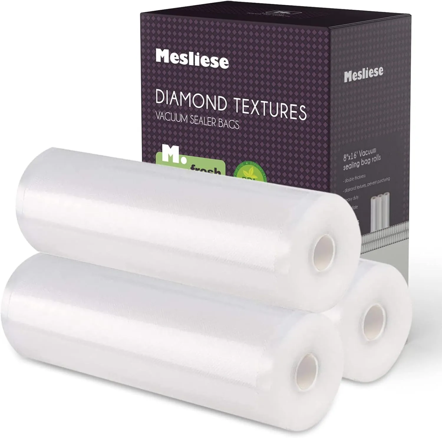 Vacuum Sealer Bags Rolls for Custom Fit 8''x16' 3 Pack, Heavy-Duty Thick Food Bag, BPA-Free, Freezable, Use for Sous Vide and Storing Raw and Cooked Foods, Universal Compatibility