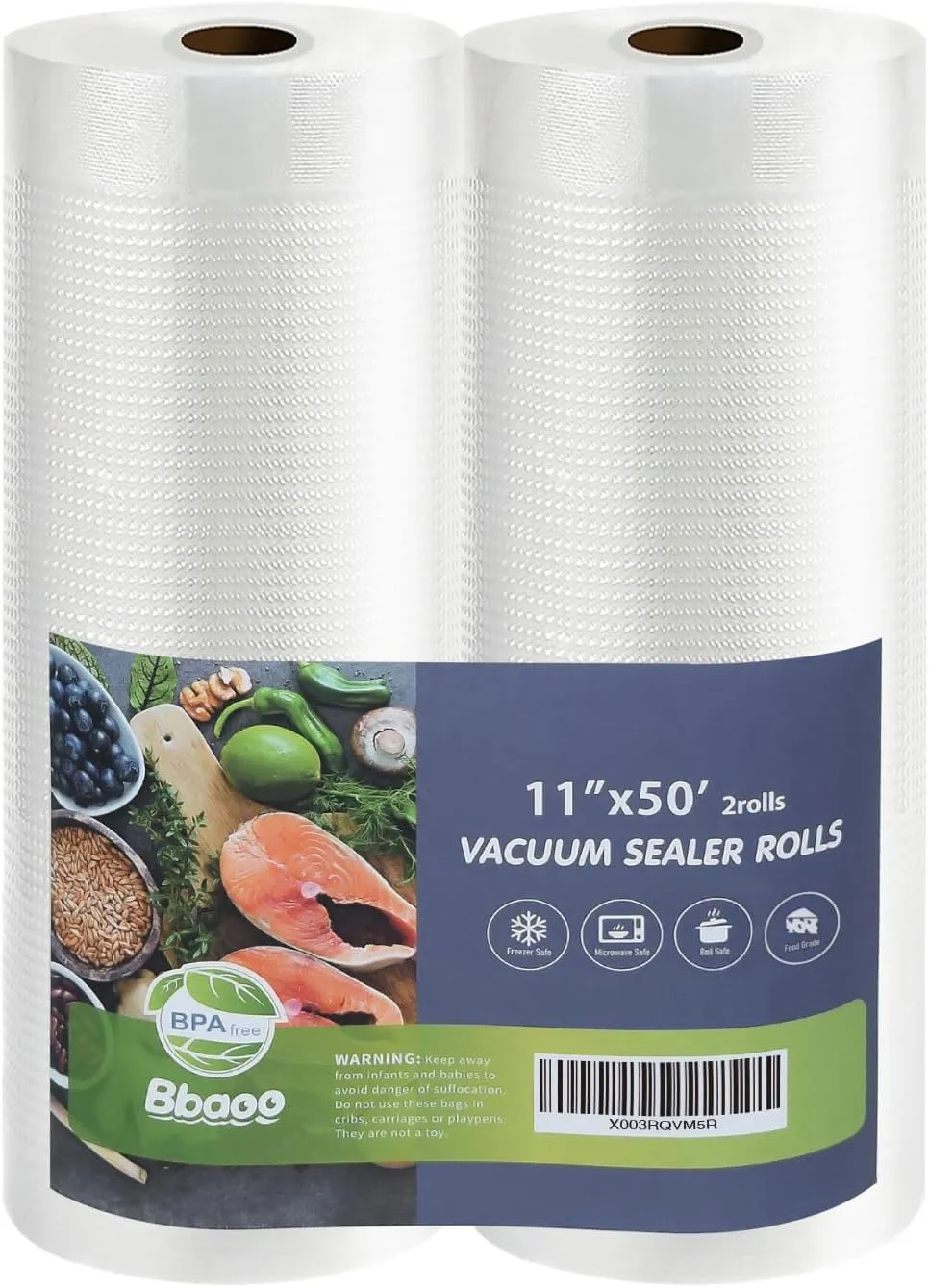 Vacuum Sealer Rolls 11"x50' 2 pack for Food Saver, Commercial Grade Bag Rolls, Food Vac Bags for Storage, Seal a Meal, BPA Free, Meal Prep or Sous Vide