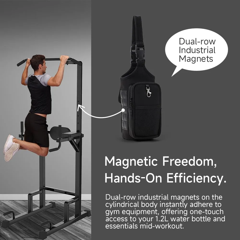 VAKAER Magnetic Gym Bag for Women and Men, Magnetic Water Bottle Holder with Phone Pocket, Magnets Gym Accessories Carrier Bag with Adjustable Strap (Black)