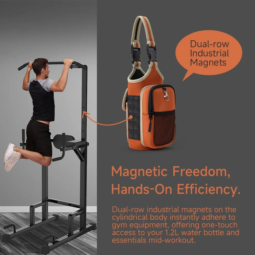 VAKAER Magnetic Gym Bag for Women and Men, Magnetic Water Bottle Holder with Phone Pocket, Magnets Gym Accessories Carrier Bag with Adjustable Strap (Orange red)