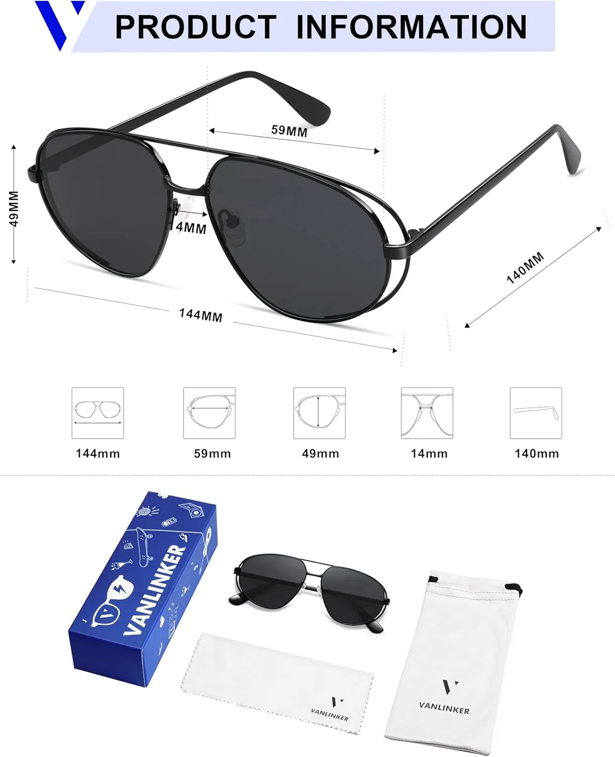 VANLINKER Retro Polarized Aviator Sunglasses for Women Men Classic Trendy Driving Sunglasses Designer Metal Frame VL9837