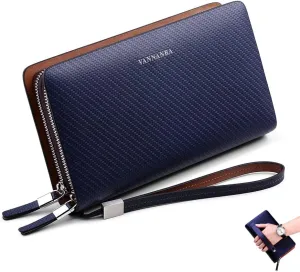 VANNANBA Clutch Purses Wristlet Wallets Large Leather Designer Double Zipper Long Hangbags Business Travel Clutch Phone Holder,Gift for Mens Father Son Husband Boyfriend(Blue)