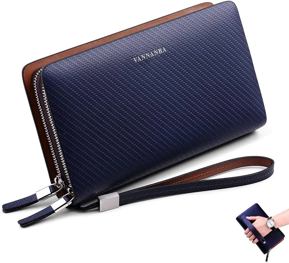 VANNANBA Clutch Purses Wristlet Wallets Large Leather Designer Double Zipper Long Hangbags Business Travel Clutch Phone Holder,Gift for Mens Father Son Husband Boyfriend(Blue)